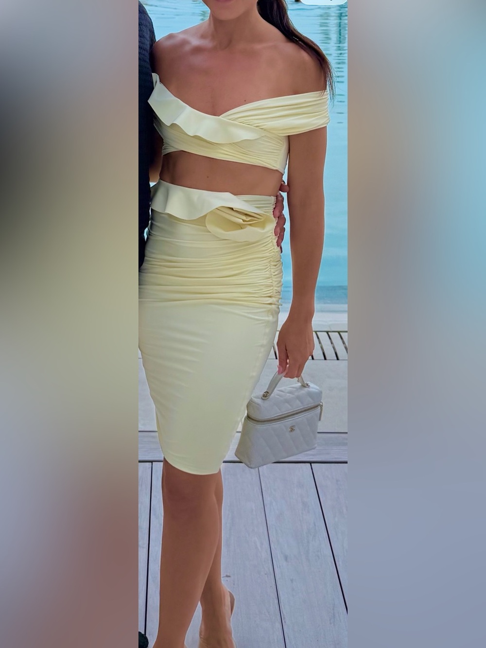 Maygel Coronel Marimba Pale yellow/cream Off-Shoulder Ruched Pencil Skirt & Top
